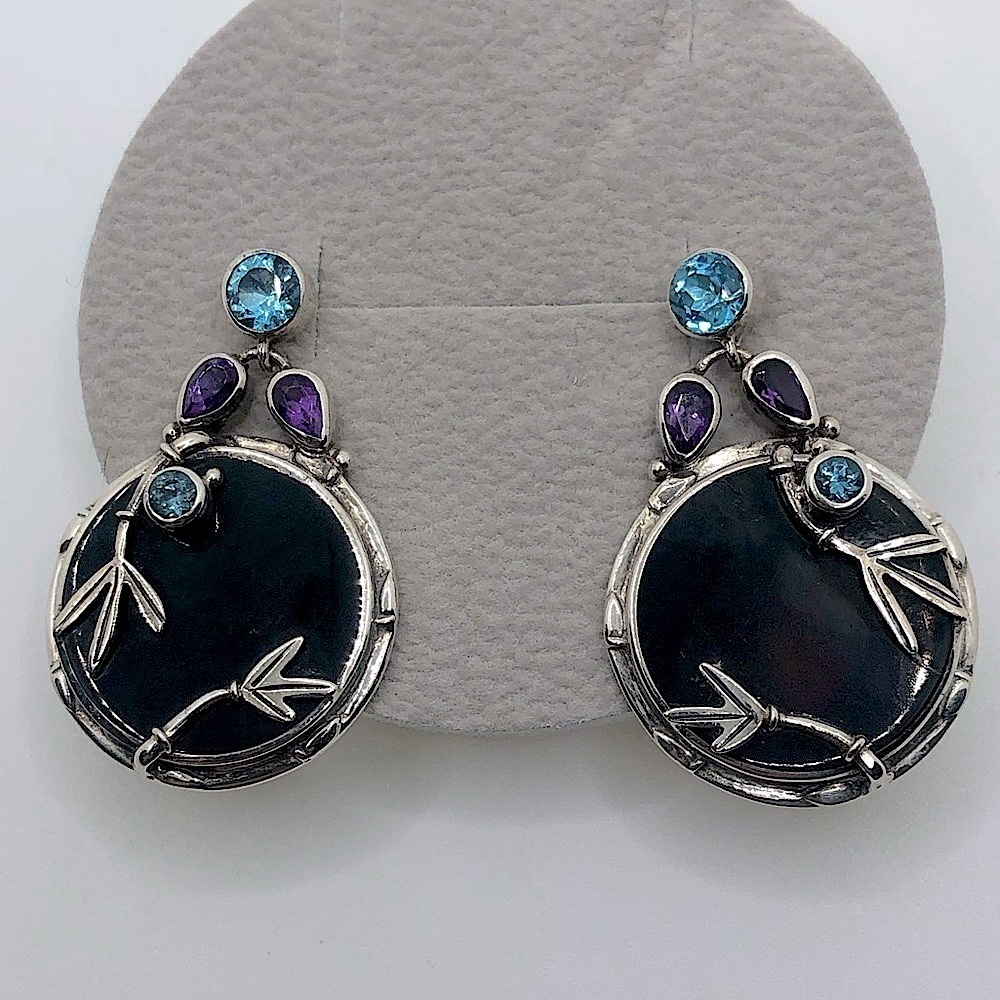 SAJEN Sterling Amethyst Blue Topaz Round Disc Circle Bamboo Motif Earrings 1.4”
